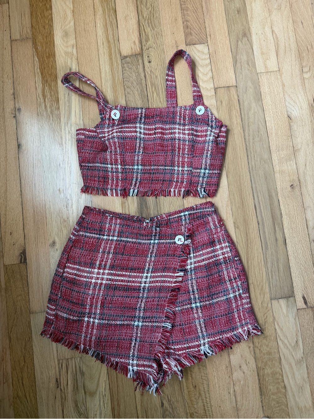 Fila Red Plaid Two-Piece Fringe Crop Top & Skort Set Small